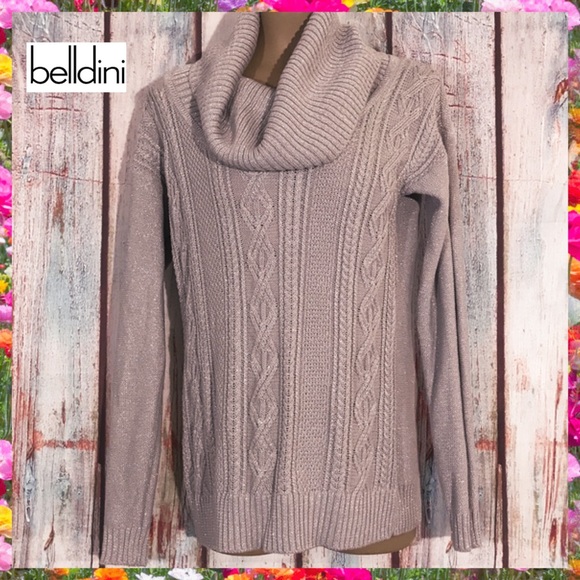 Belldini Cowl Neck Cable Knit Shimmery Sweater